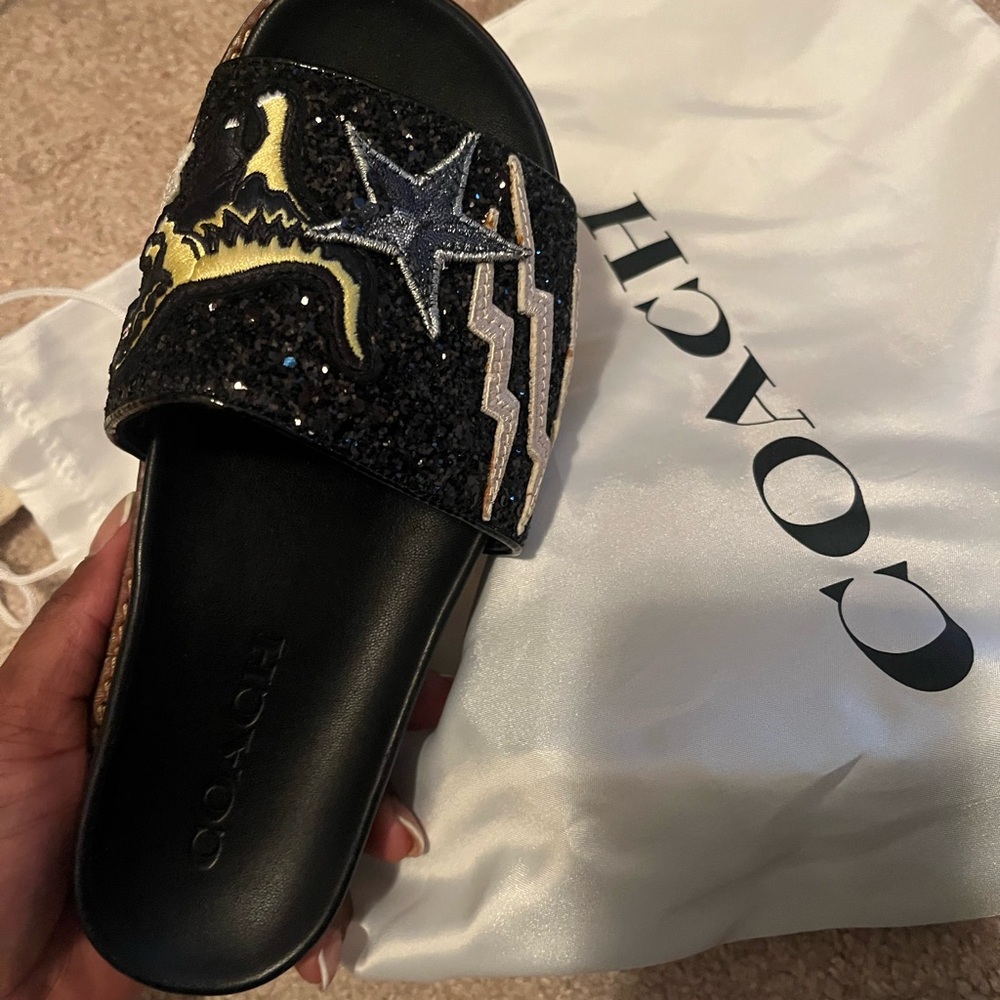 Coach Black Slide Sandals with Star and Lightning Design